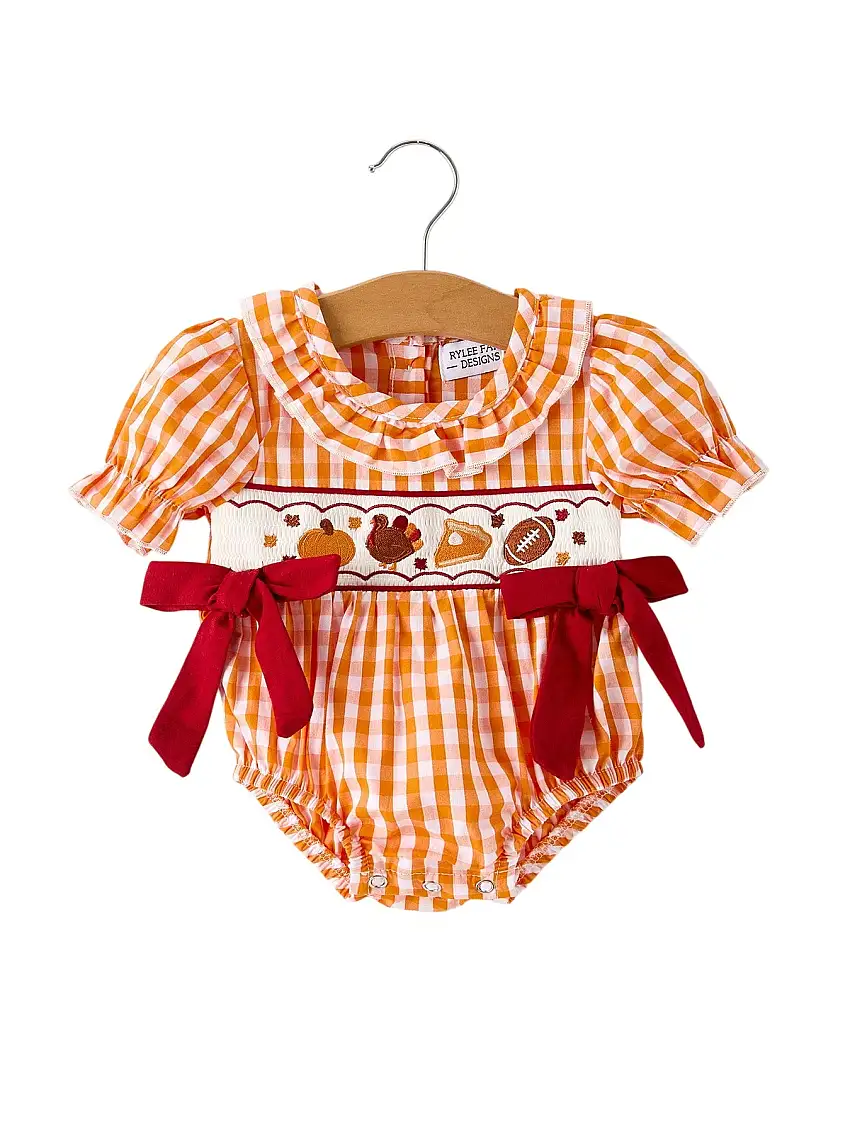 Fall Embroidered Romper For Baby Girls – Orange Checkered With Halloween Details