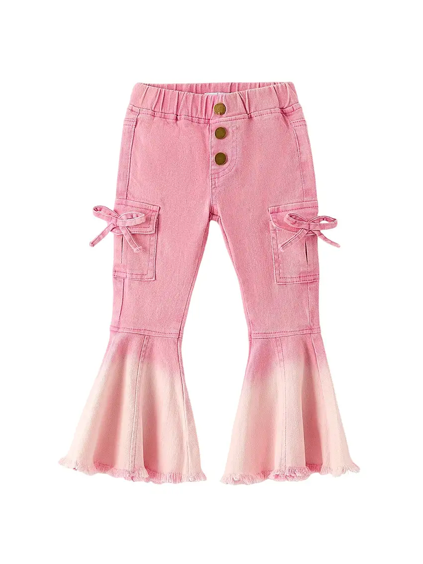 Pink Bell Bottom Jeans – Frayed Hem With Cargo Pockets