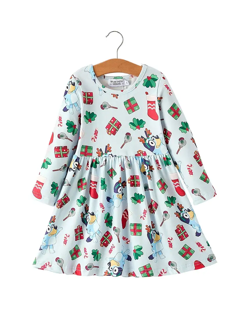 Christmas Characters And Gift Print Girls Dress