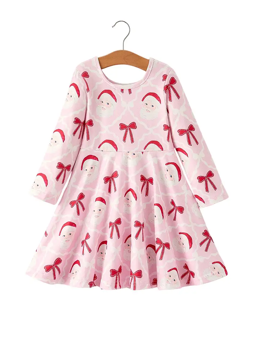 Winter Christmas Pink Santa And Bow Holiday Girls Dress