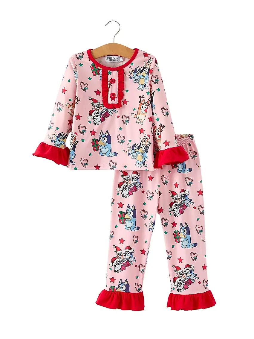 Christmas Festive Baby Girls Pajamas With Ruffles