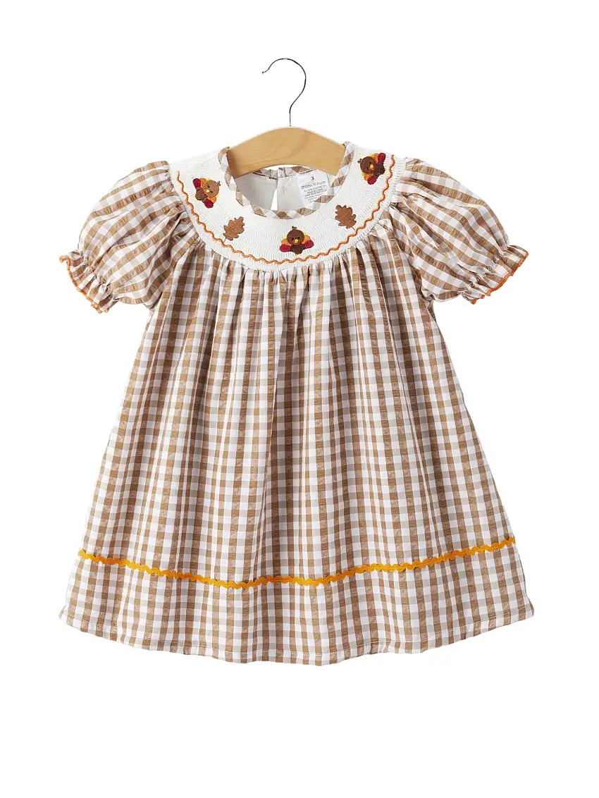 Girls Thanksgiving Turkey Smocking Embroidered Brown Plaid Dress