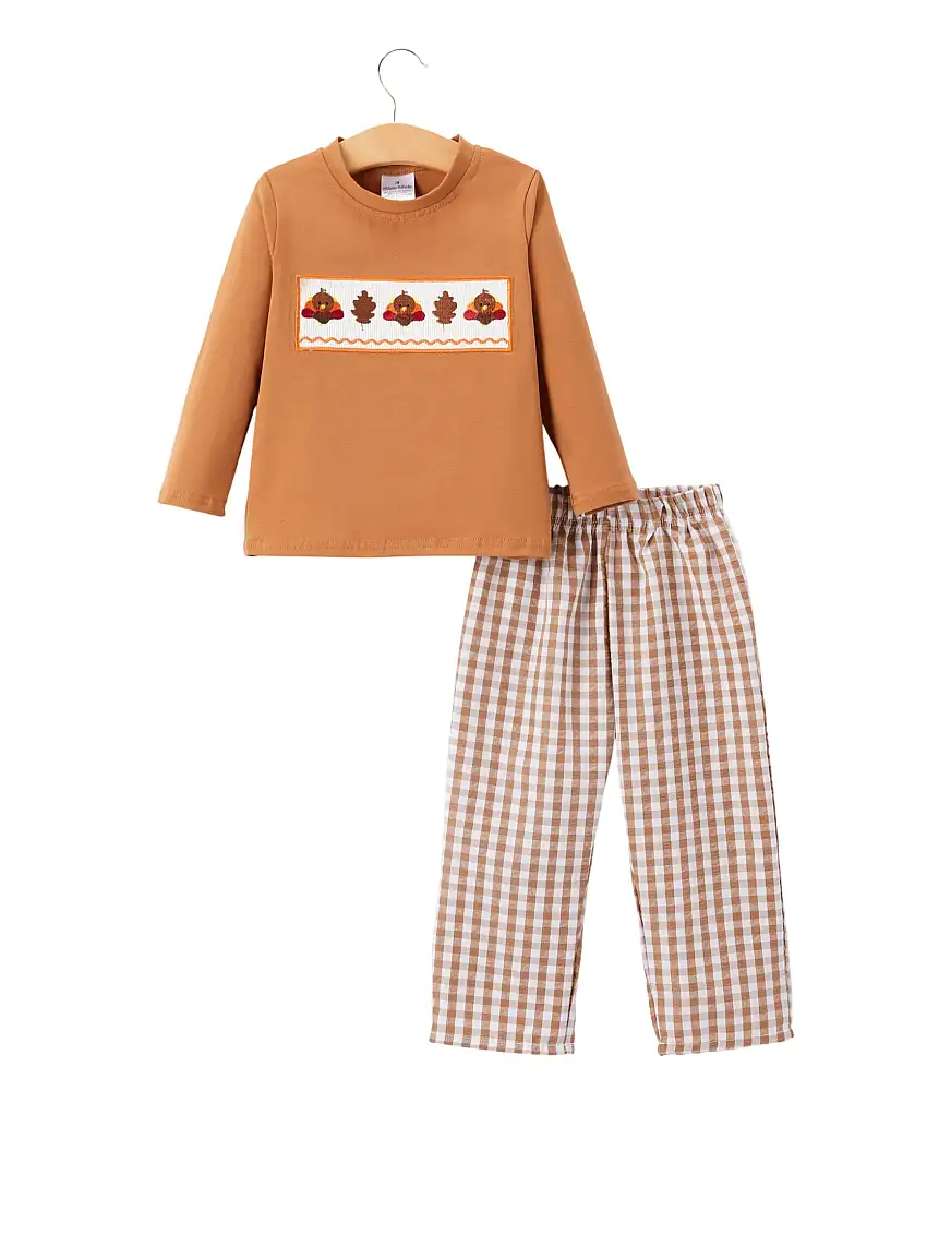 Fall Boys Thanksgiving Smocking Embroidered Brown Plaid Outfit Set