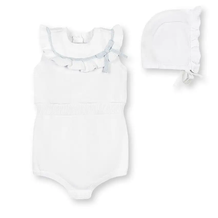 Organic Ruffle Sweater Romper And Bonnet Set