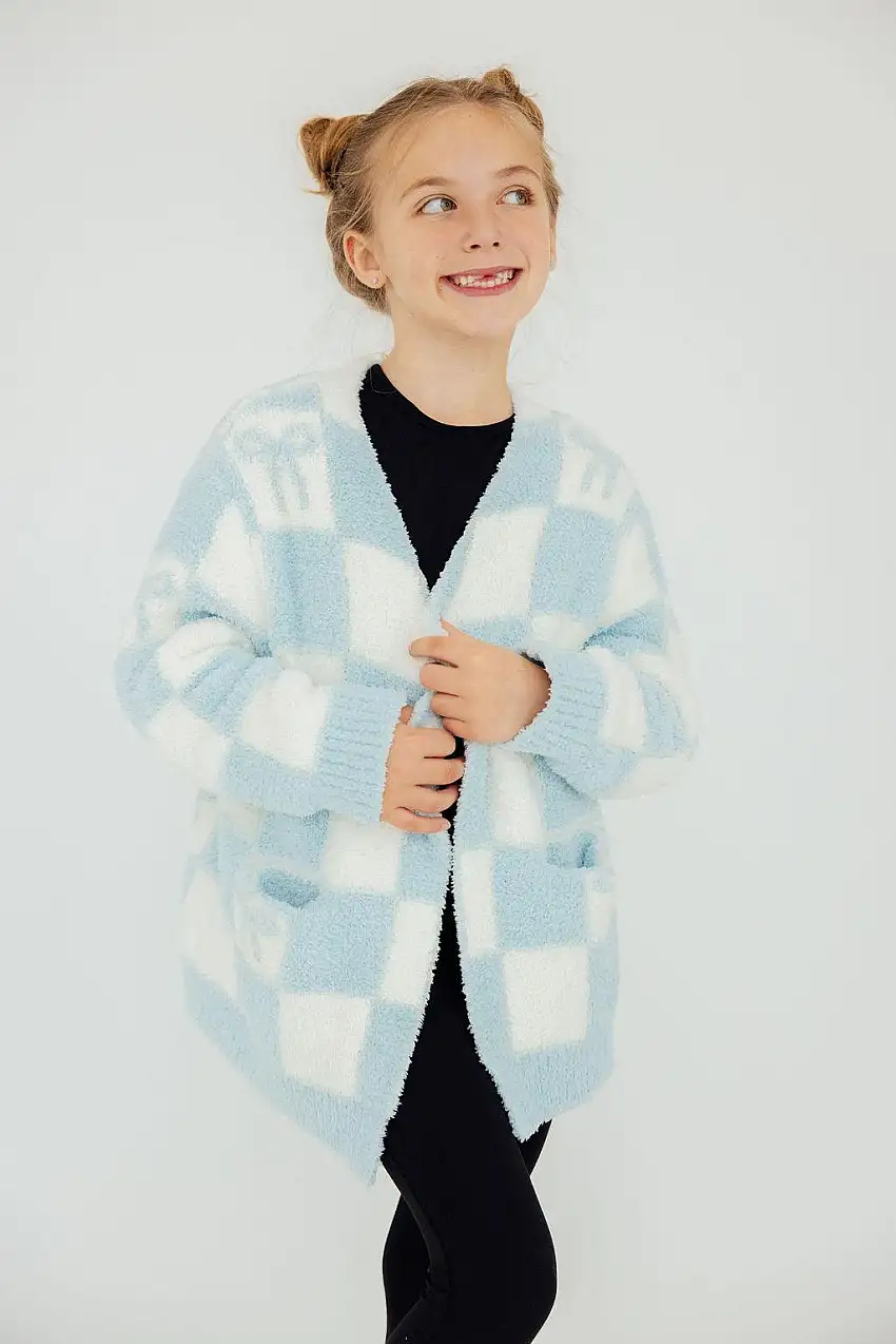 Light Blue Checker Bow Cozy Cardigan