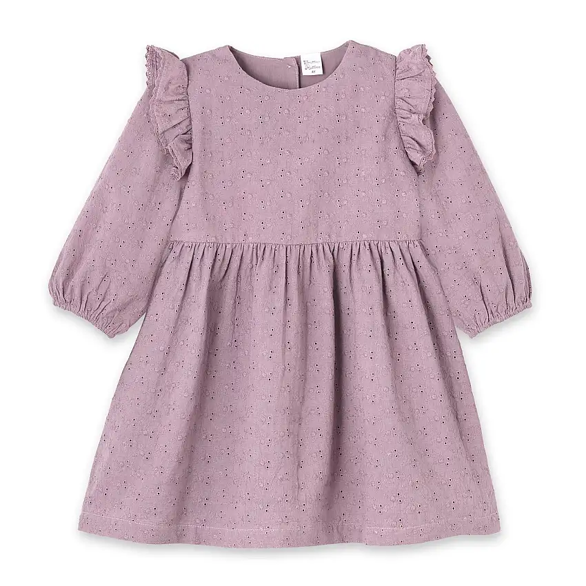 Mauve Eyelet Girls Dress – Embroidered Cotton Ruffle Sleeve