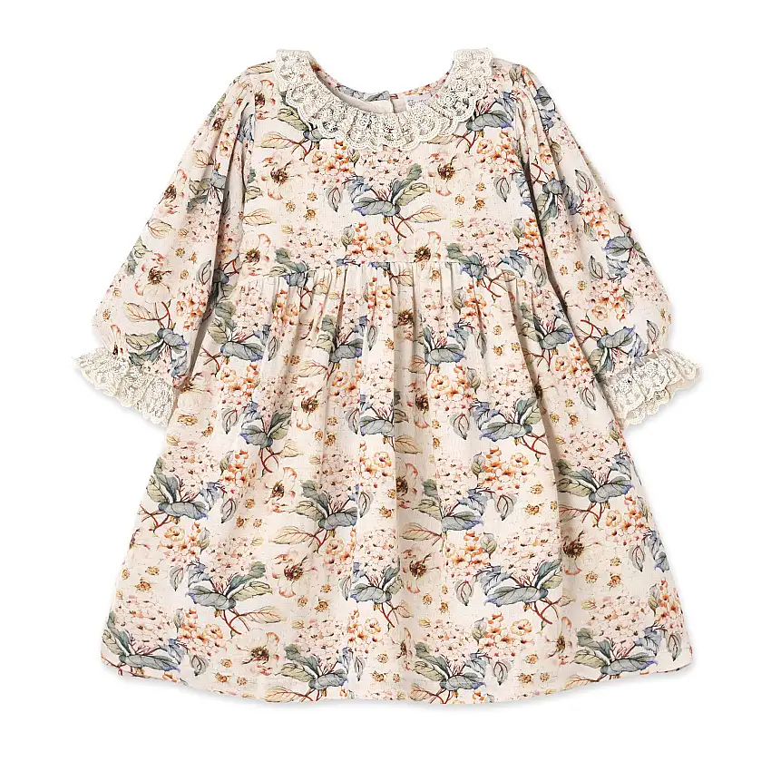 Vivian Girl's Woven Floral Dress With Lace Accents