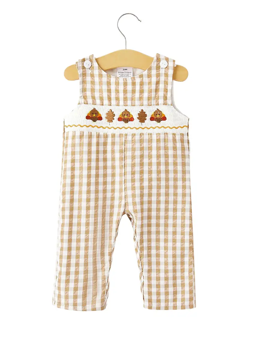 Boys Thanksgiving Smocking Embroidered Brown Plaid Romper