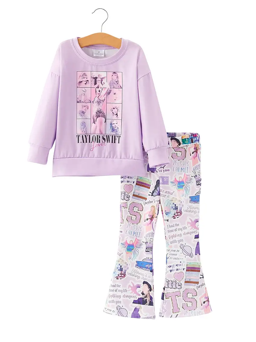 Purple Top + Ts Print Bell-bottoms Pants Girls Outfit Set