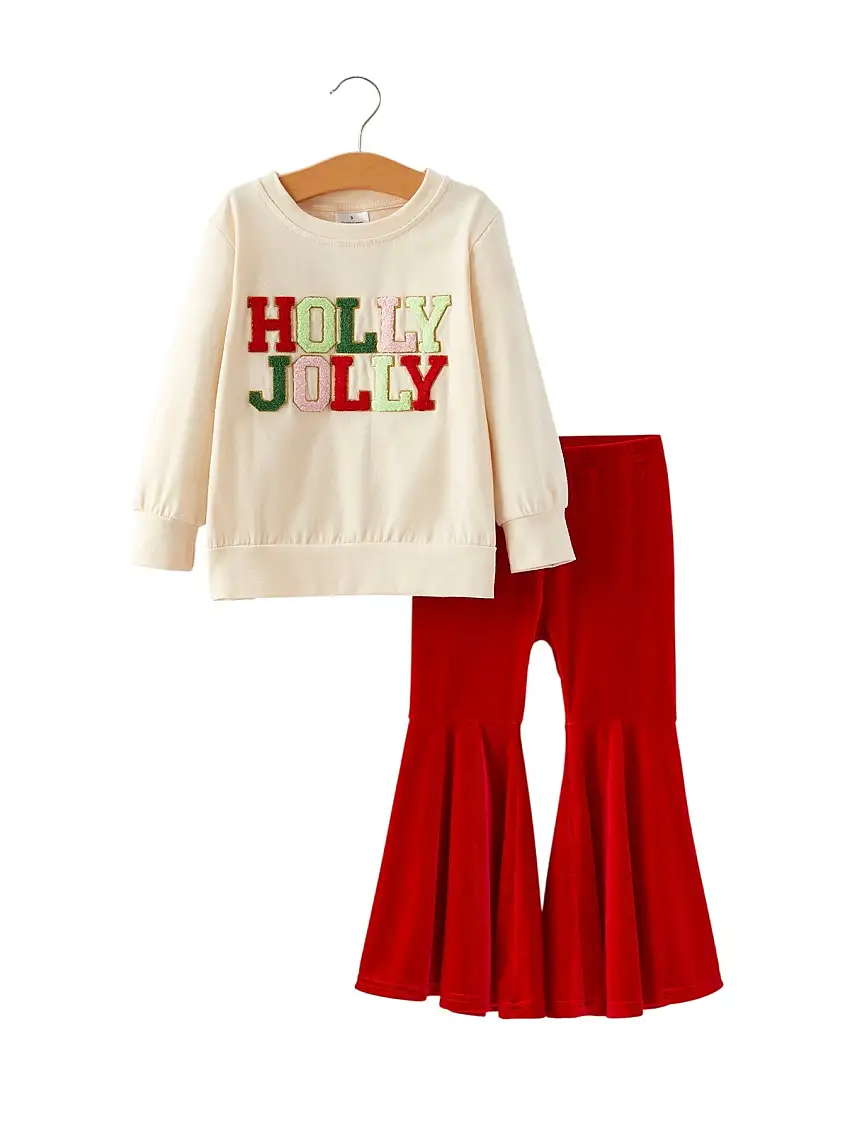 Christmas Letter Applique Top + Flared Pants Outfit Set