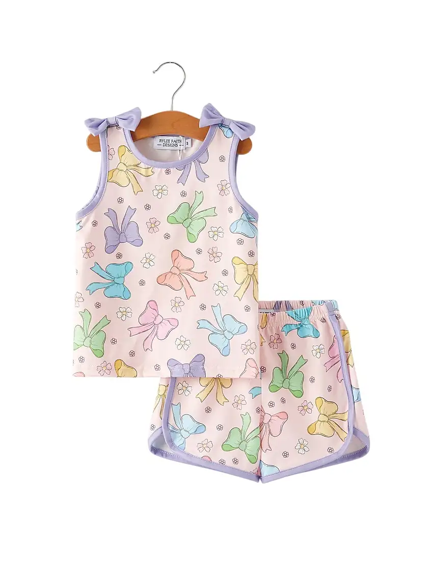 Girls Purple Bow Sleeveless Vest Top And Shorts Set