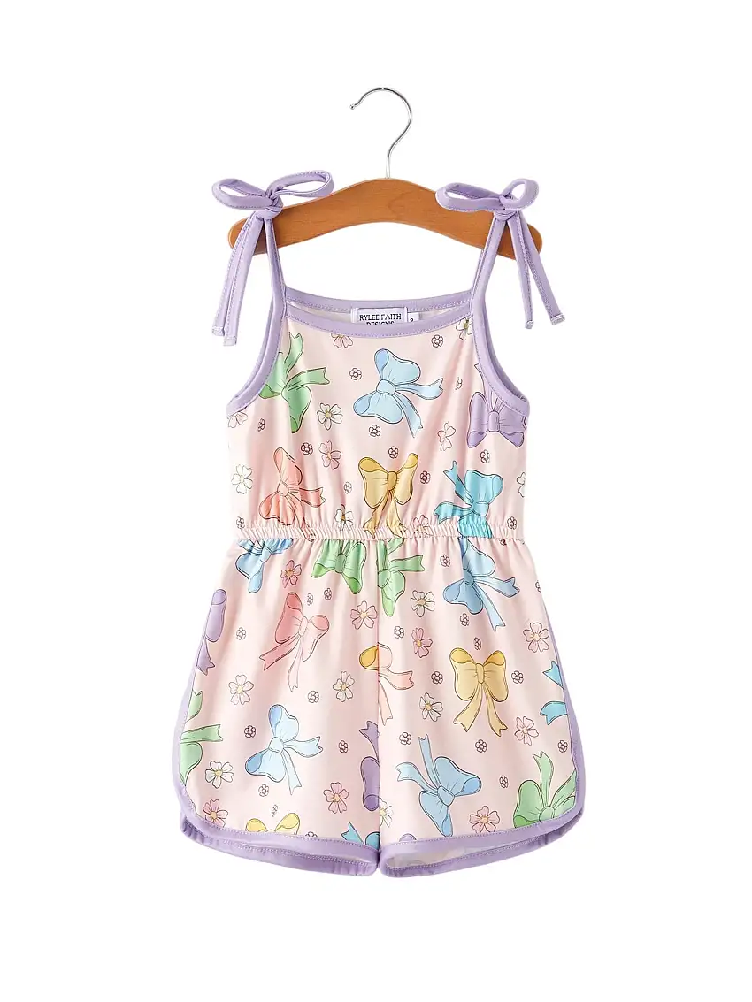 Girls Purple Bow Suspender Jumpsuit