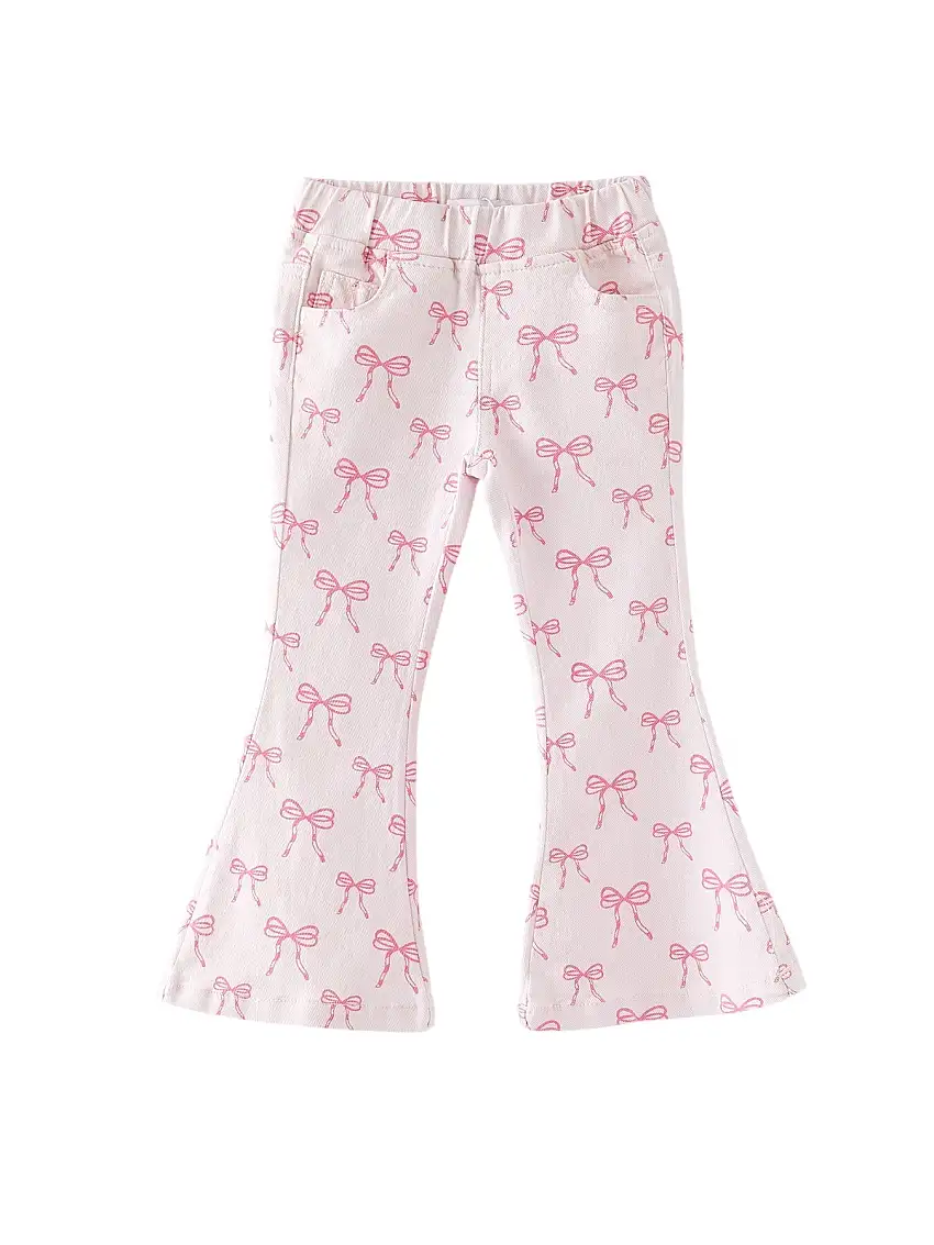 Girls Pink Bow Print Elastic Flared Jeans