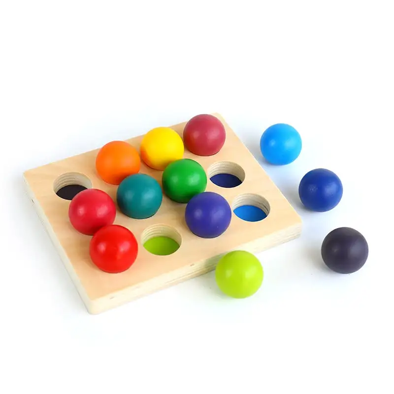 12 Pcs Rainbow Wooden Balls With Tray In Primary Colors Diameter 1.4 Inches