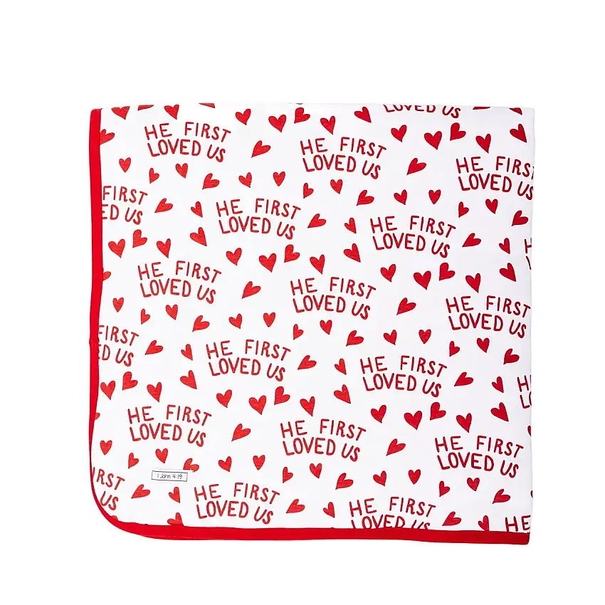 He First Loved Us Red Blanket Cotton