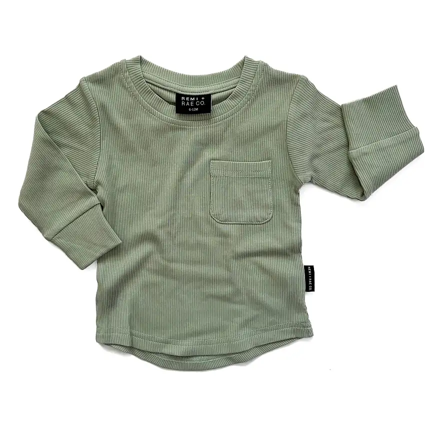 Bamboo Ribbed Long Sleeve Pocket Tee - Sage