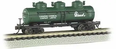 Bachmann 17152 N Scale 3-Dome Tank Car - Ready to Run -- Canadian Chemical Co., Ltd. GATX (green, white, black; Chemcell Logo)