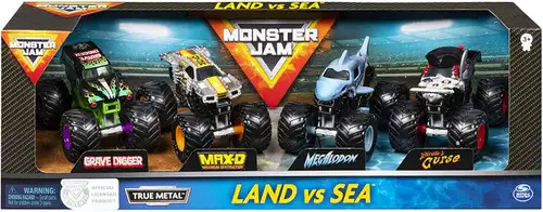 Monster Jam Land & Sea Grave Digger, Max-D, Megalodon & Pirate's Curse Diecast Car 4-Pack
