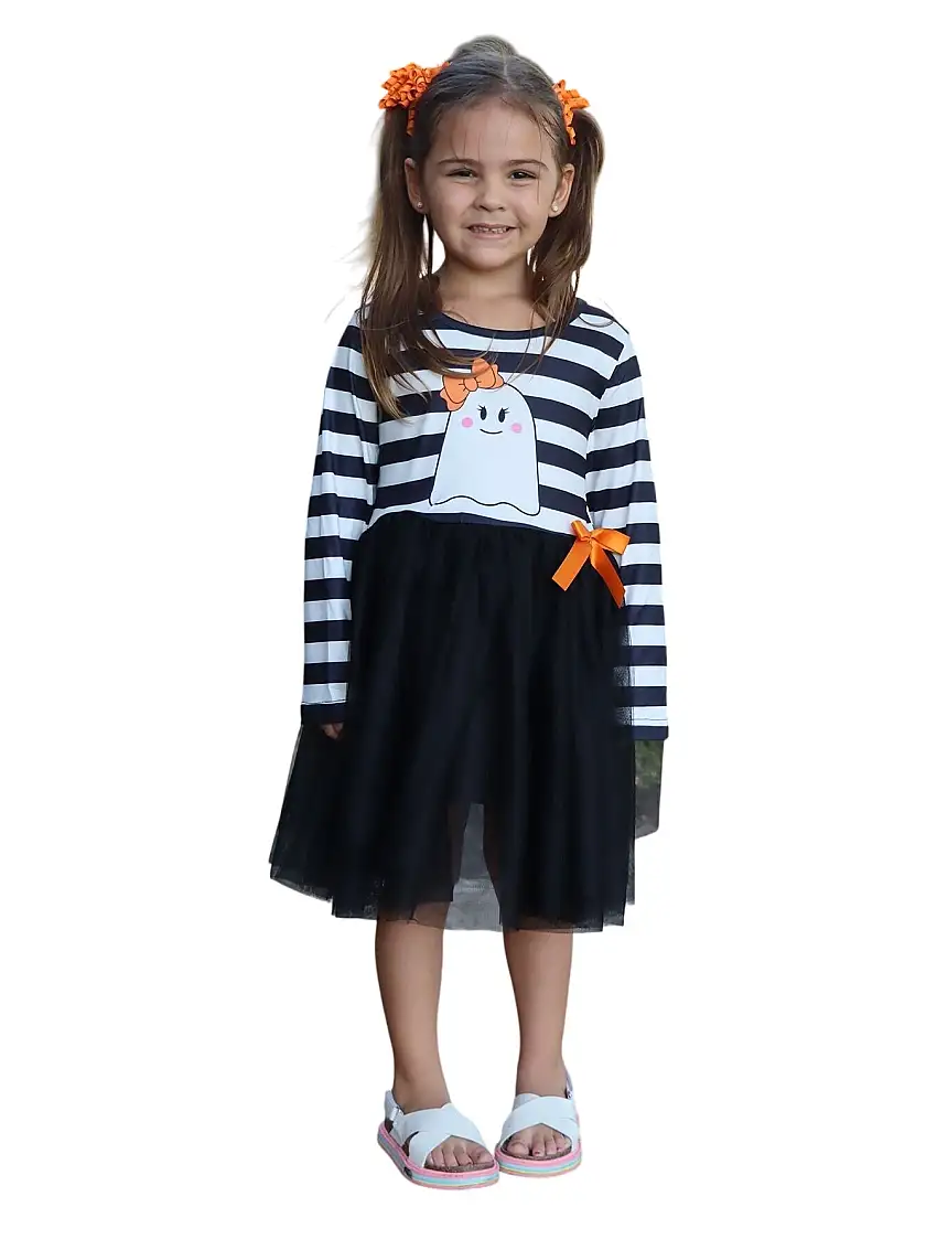 Fall Halloween Ghost Baby Girls Tutu Skirt Long Sleeve Stripe Dress
