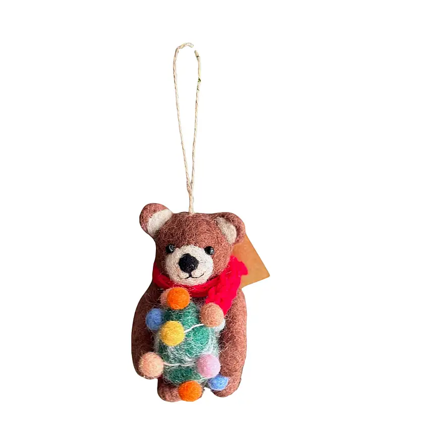 Felt Brown Bear Holding Christmas Tree Ornament