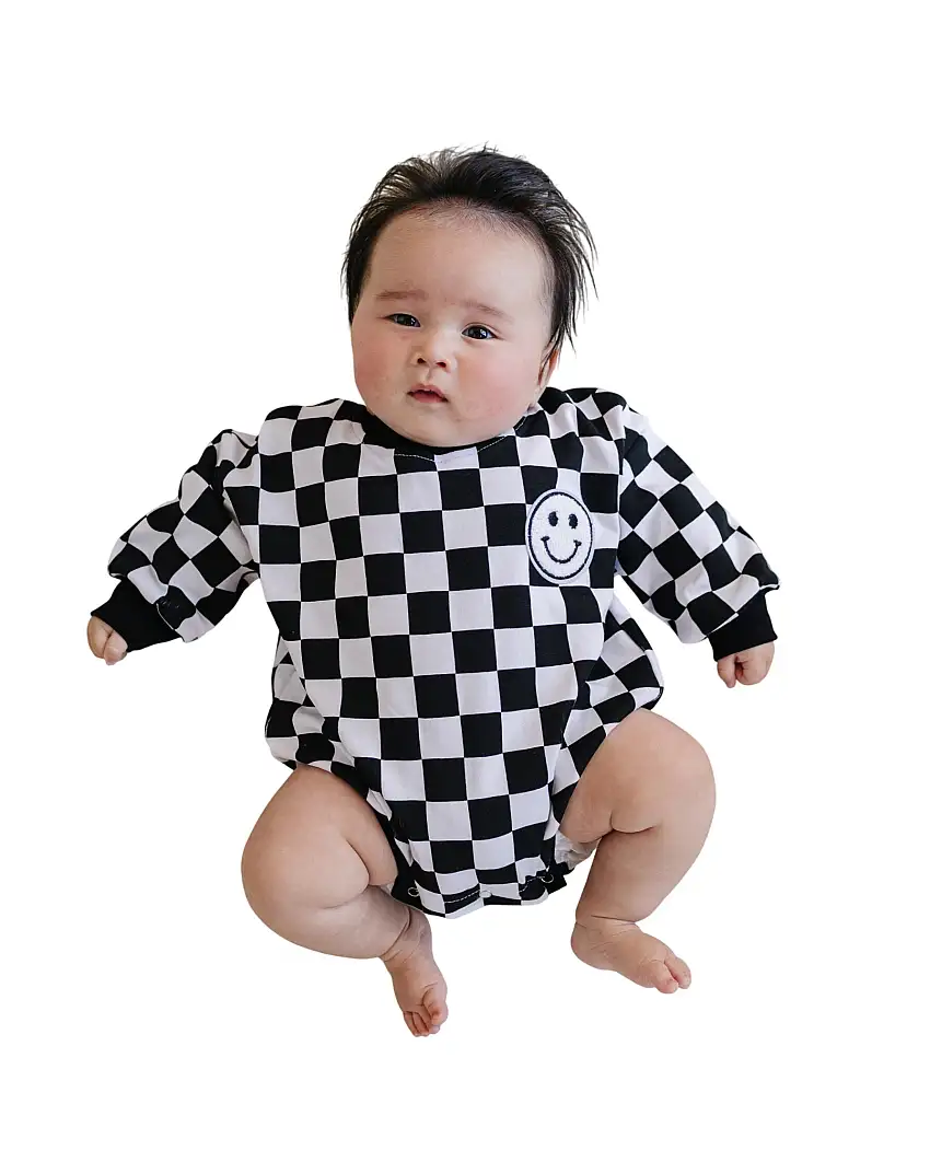 Bubble Romper | Checkered Smiley Black