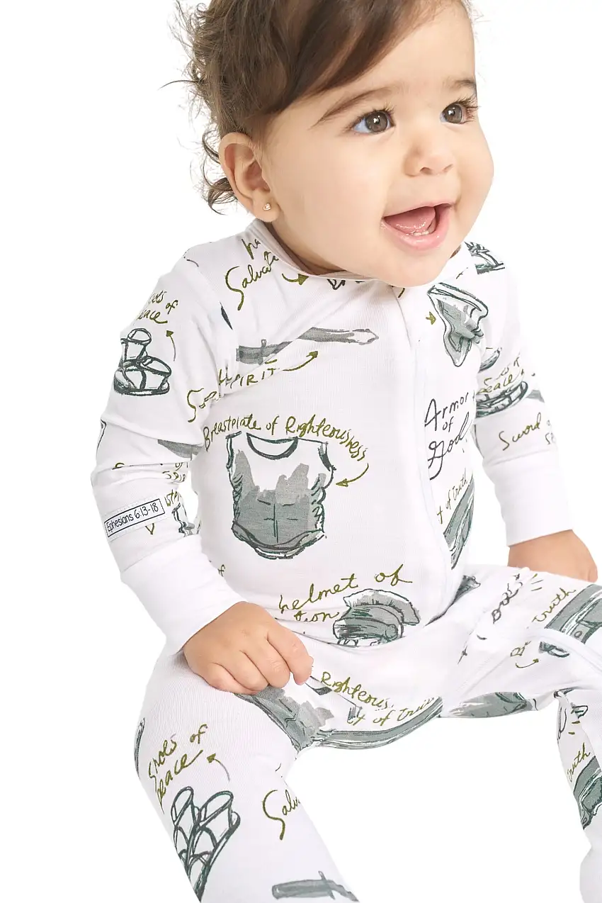 Armor Of God White Pj Footed Onesie Bamboo