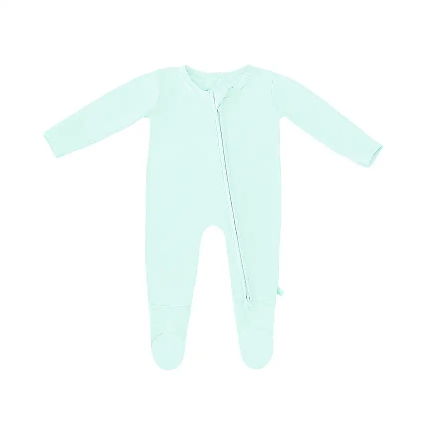 Spring Bamboo Solid Footed Zippered Onesie In Pastel Seafoam