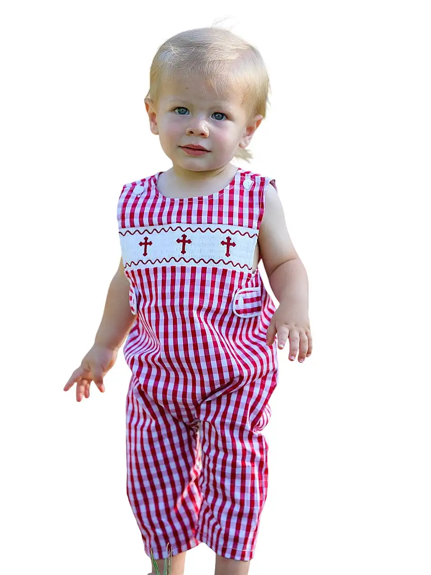 Red Plaid Smocked Church Christ Bishop Christening Baby Boys' Romper