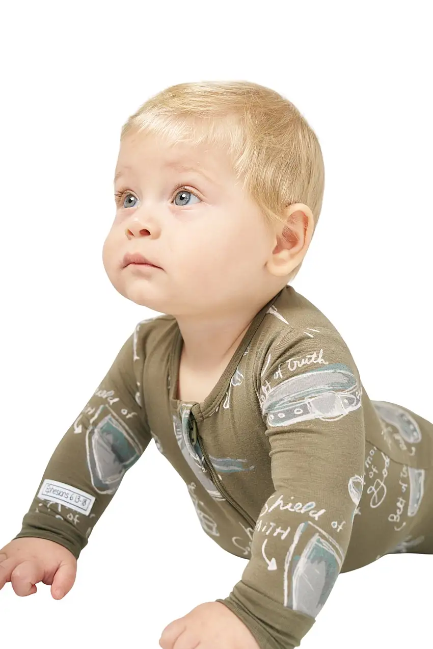 Armor Of God Green Pj Footed Onesie Bamboo