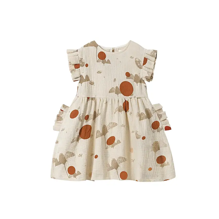 Girls Fit & Flare Dress With Box Pleats Sleeves & Pockets - Sand