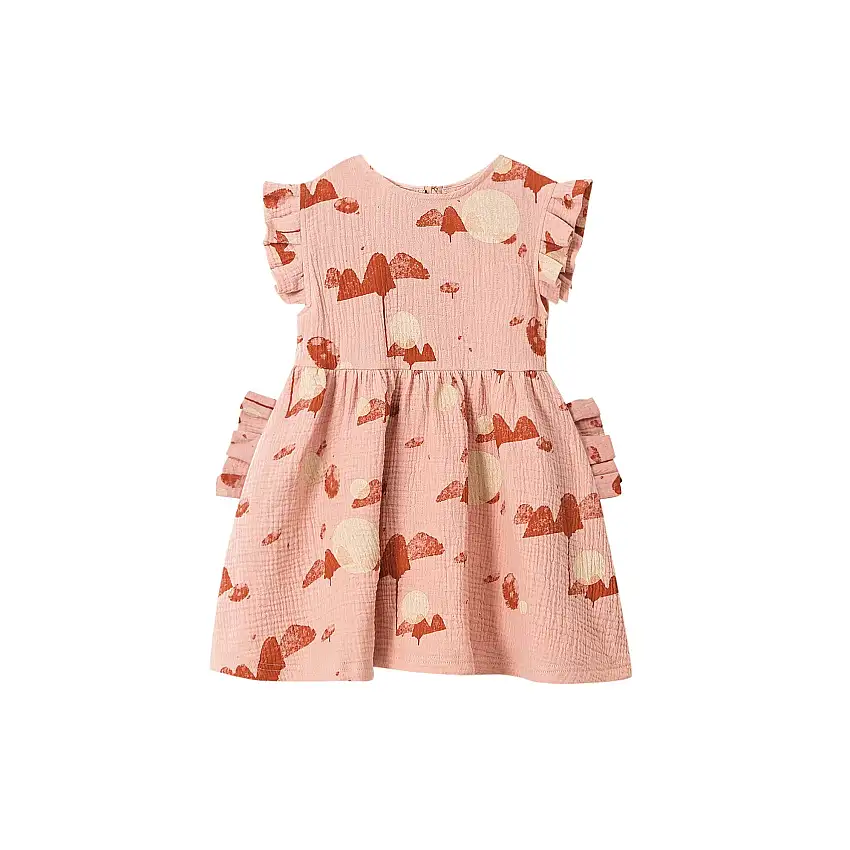 Girls Fit & Flare Dress With Box Pleats Sleeves & Pockets - Peach