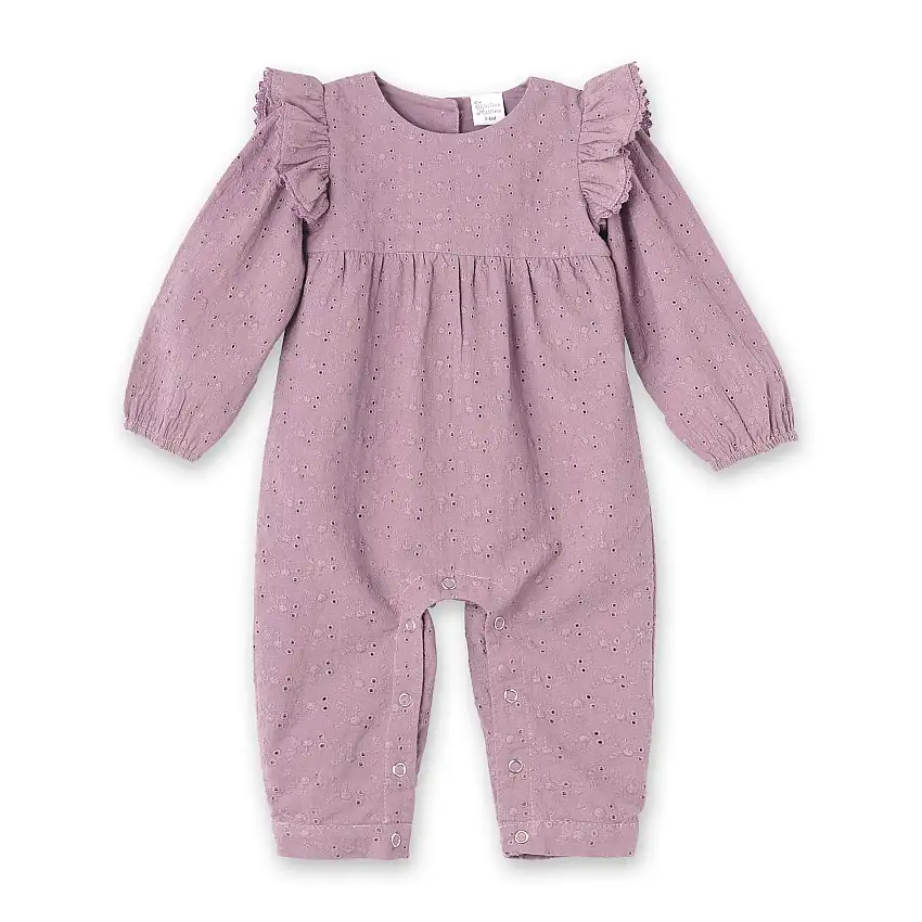 Mauve Eyelet Girls Romper – Embroidered Cotton Ruffle Sleeve