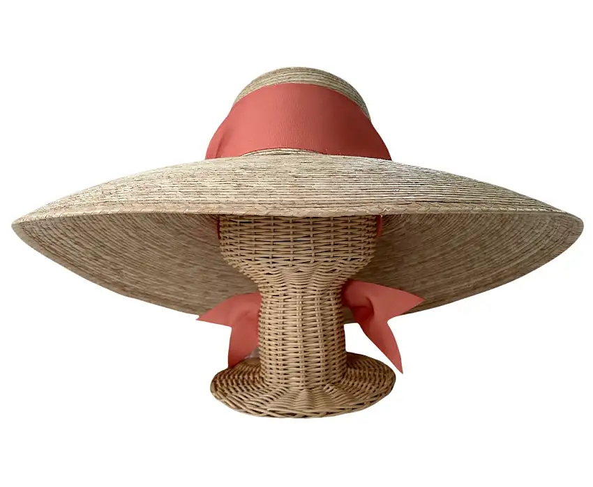 Daisy Sun Hat - Wide & Short Coral Grosgrain Ribbon