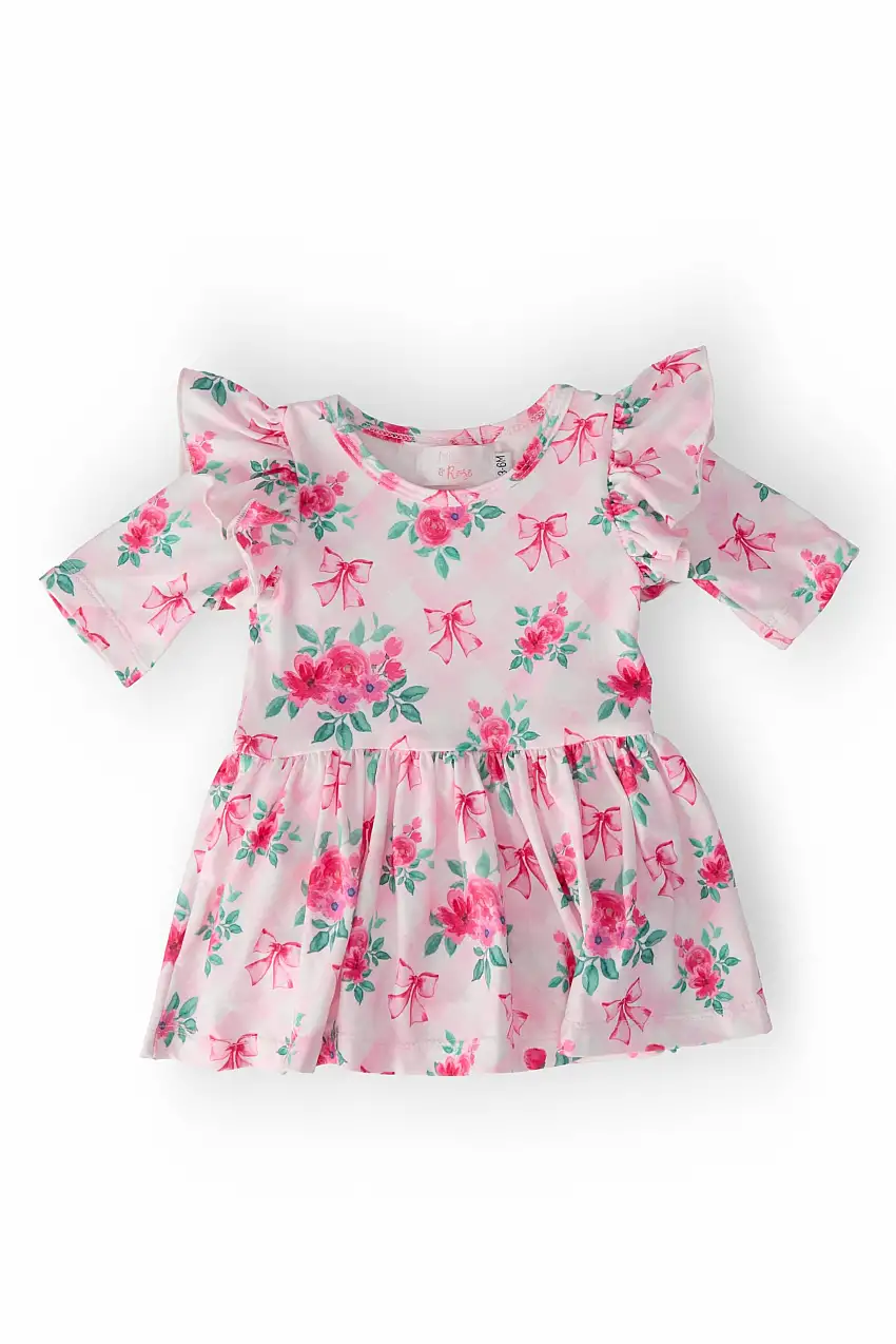 Gingham Bows 3/4 Sleeve Flutter Twirl Bodysuit