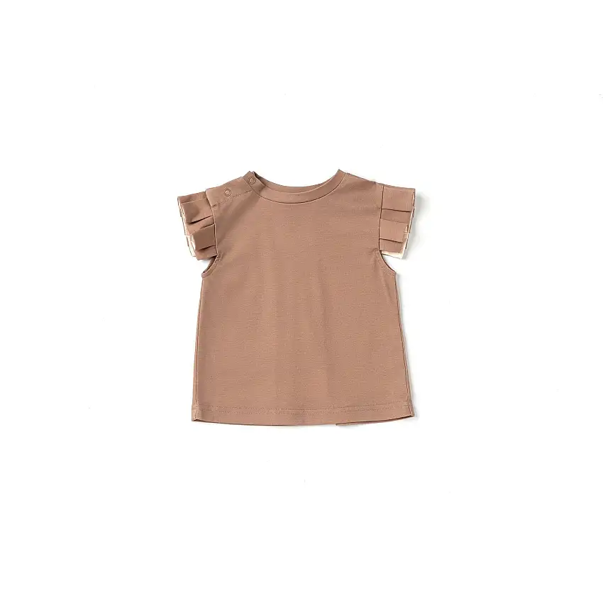 Baby Girl Jersey Top With Knife Pleated Sleeve Ruffle | Mocha