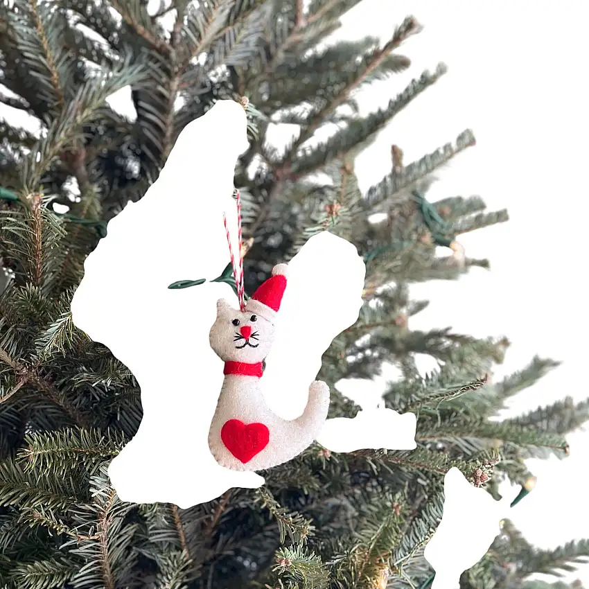 Felt Ornament - White Cat Wearing Christmas Hat
