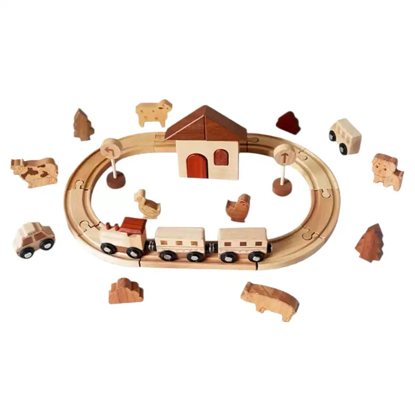 Wooden Farm Train Track Play Set – 32-piece Natural Solid Wood Toy