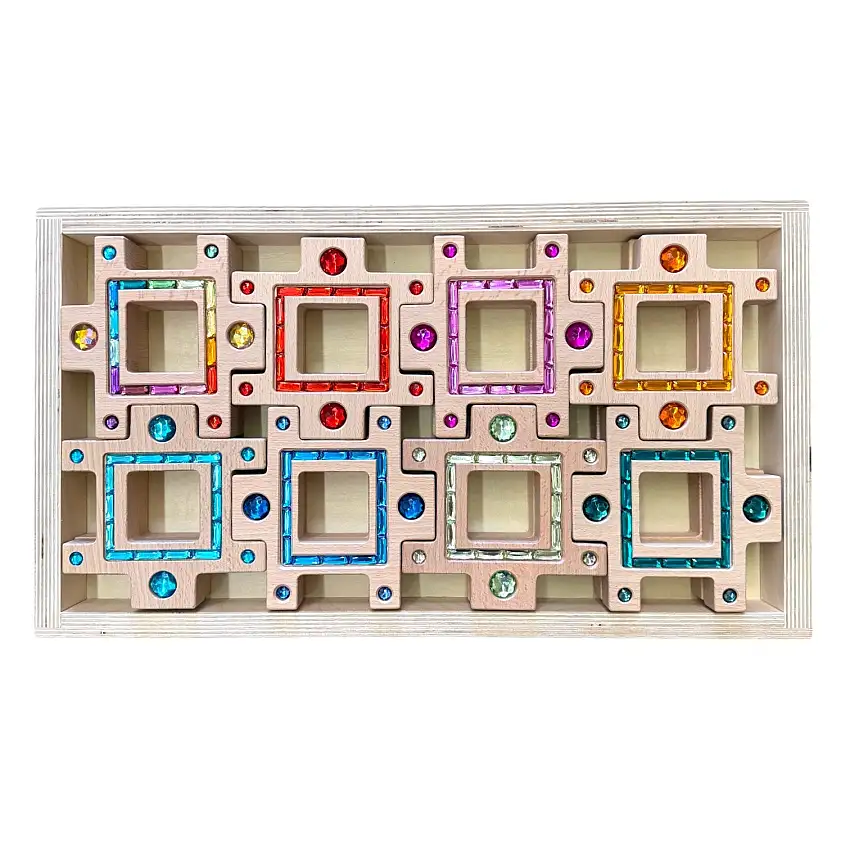 wooden Gemlight Window Blocks – 16-piece Colorful Open-ended Play Set With Storage Box