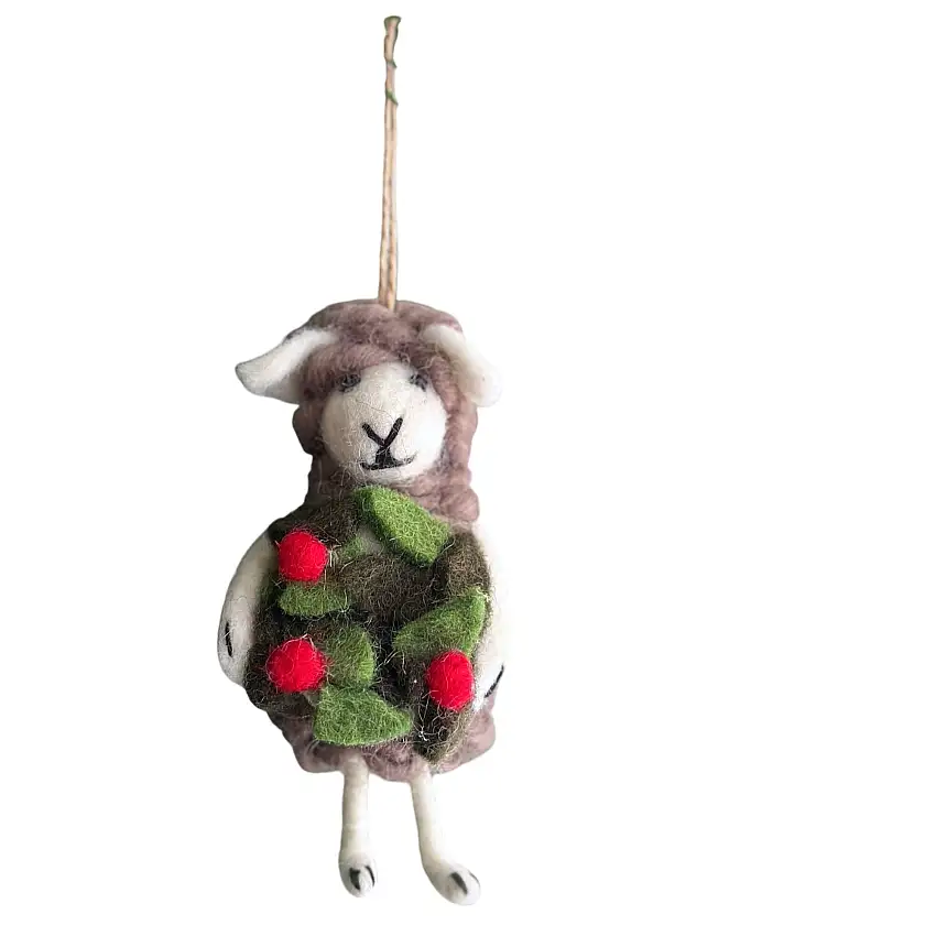 Holly-wreath Holding Sheep Ornament