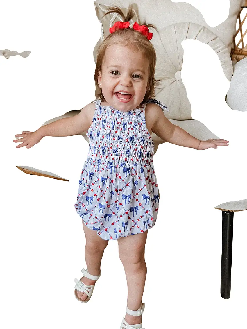 Smocked Red, White And Bows Bamboo Bubble Romper