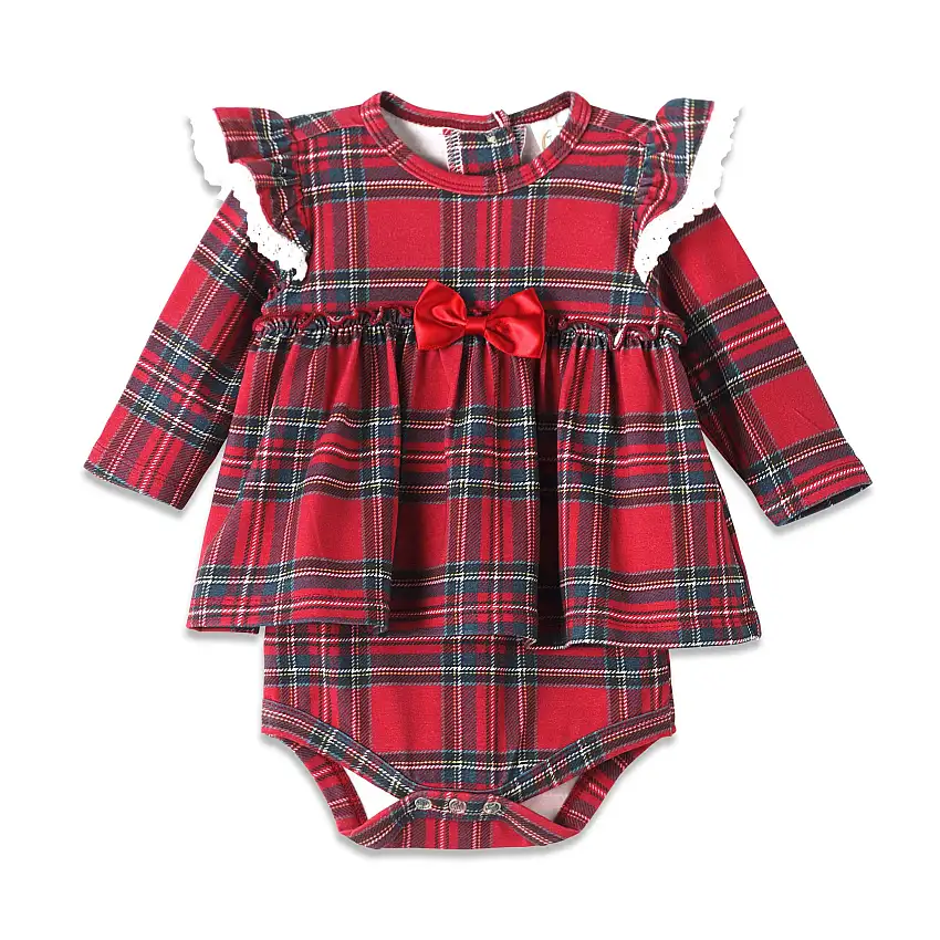 Christmas Bamboo Baby Skirted Bodysuit – Red Holiday Tartan Plaid
