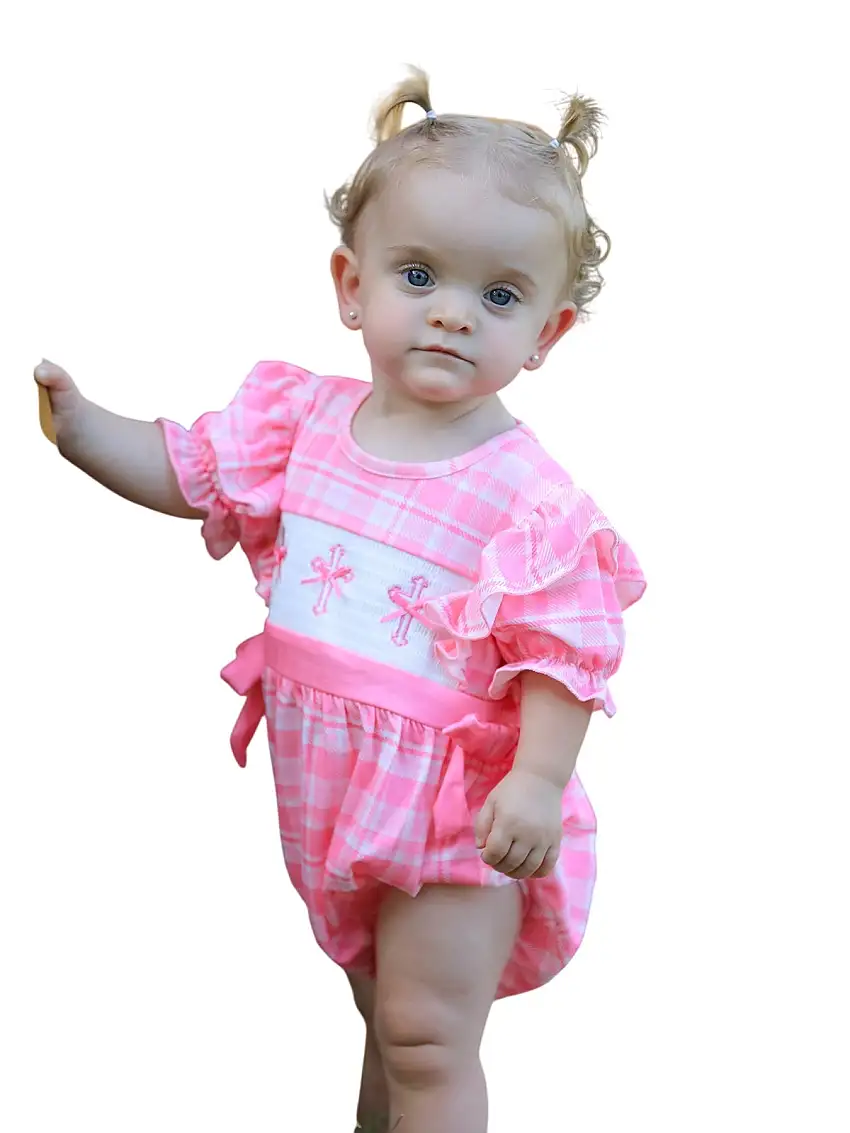 Pink Plaid Smocked Church Christ Bishop Christening Romper