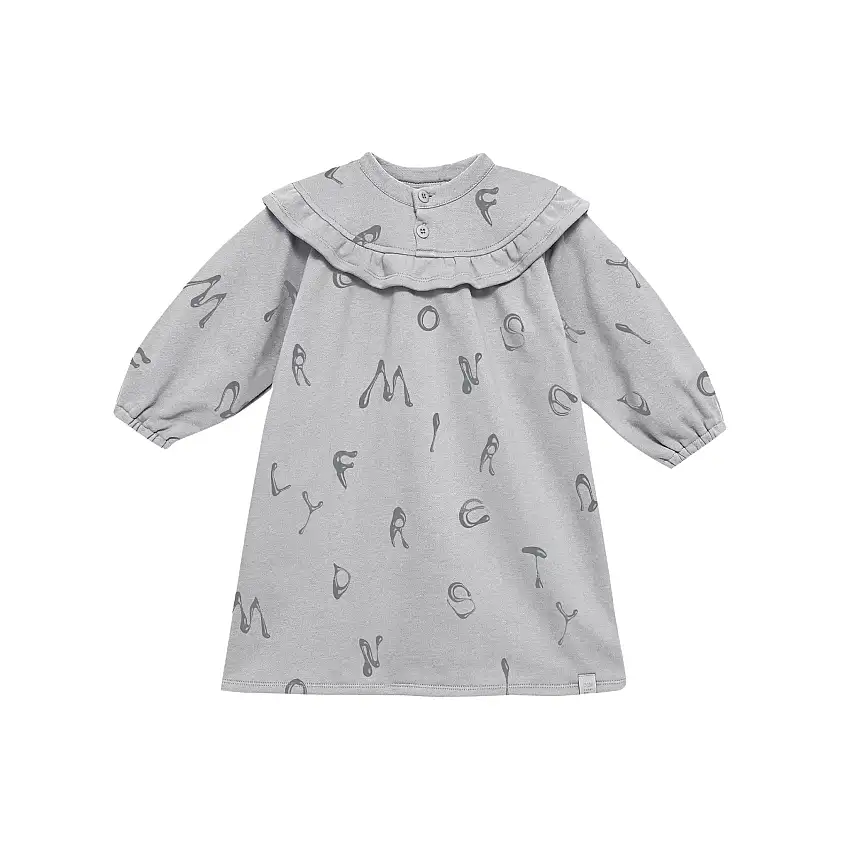 Girls Terry Dress With Ruffled Yolk - Light Grey