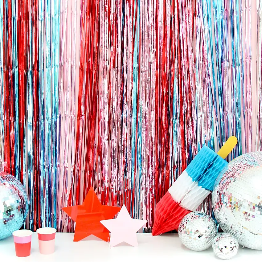 Red, White, And Blue Mylar Streamer Curtain Backdrop