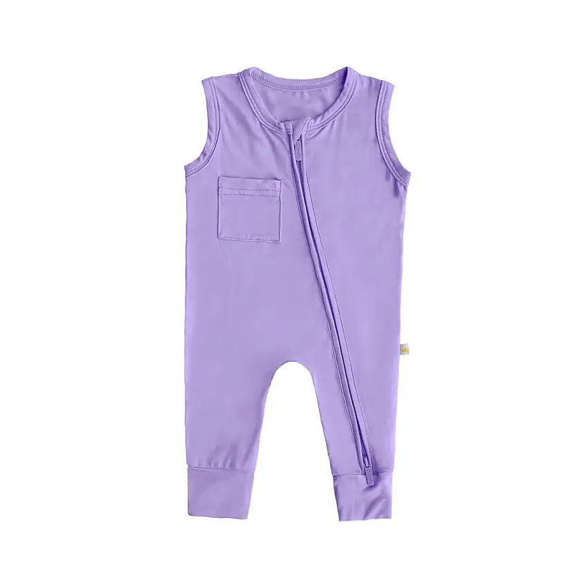 Summer Bamboo Sleeveless Footless Zipper Romper In Lavender Purple