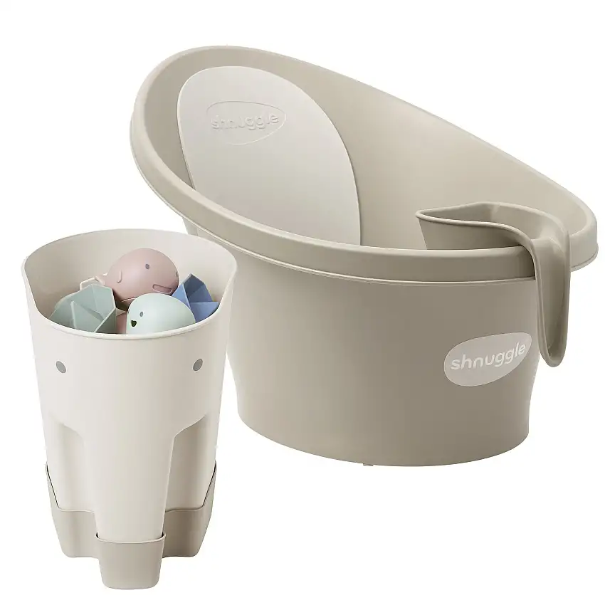 Baby Bathtime Essentials Bundle | Newborn Baby Bath With Support, Rinse Jug, And Ellie Bath Toy Scoop - Taupe