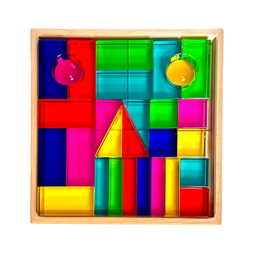 28 Pcs Rainbow Translucent Acrylic Sensory Building Blocks With Storage Tray