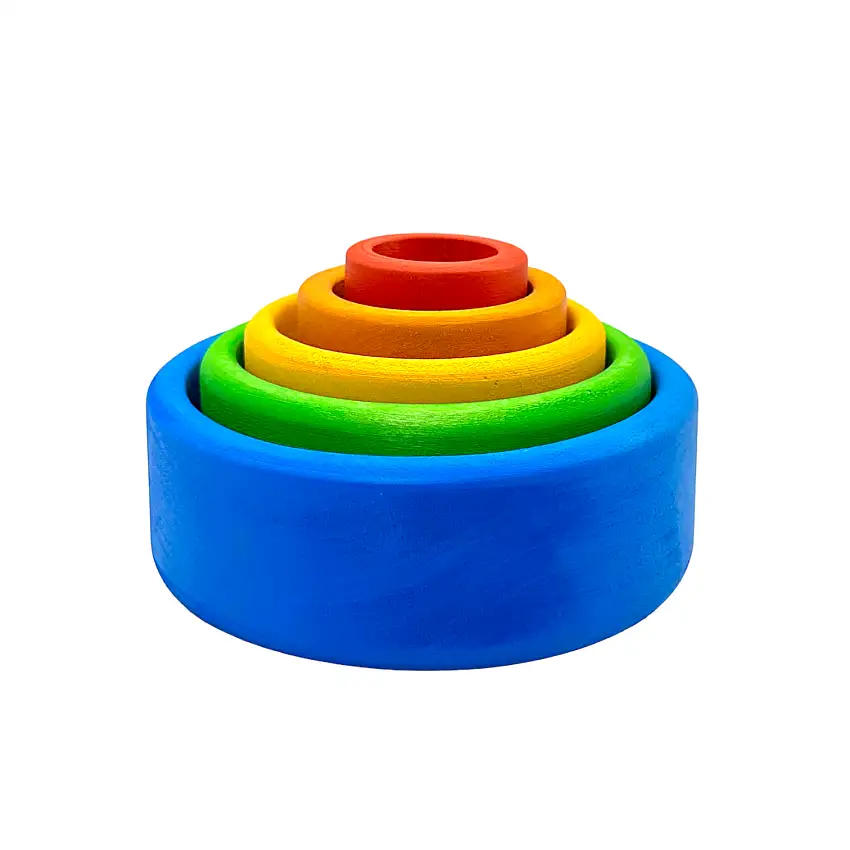 5 Pcs Stained Wooden Stacking Nesting Cup Bowl Set In Blue Sunset Color