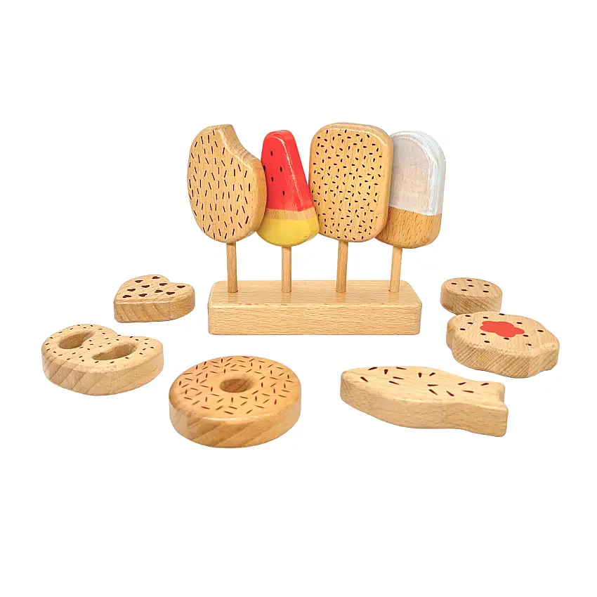 10 Pcs Wooden Popsicle Ice Cream Bar And Pastry Cookies Pretend Play Set