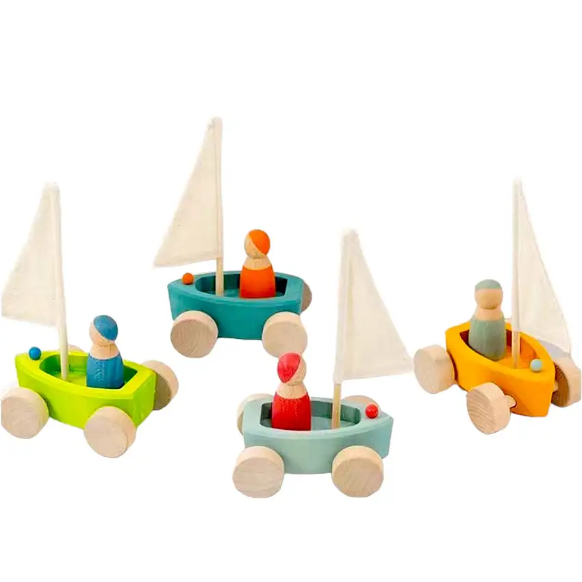 4 Pcs Stained Wooden Land Yachts Set With 4 Pcs Peg Dolls